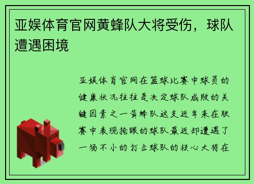 亚娱体育官网黄蜂队大将受伤，球队遭遇困境